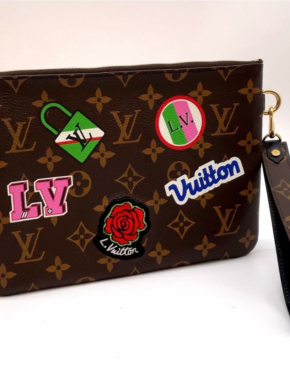 Louis Vuitton Brown Monogram Wristlet with Colorful Patch Motifs
